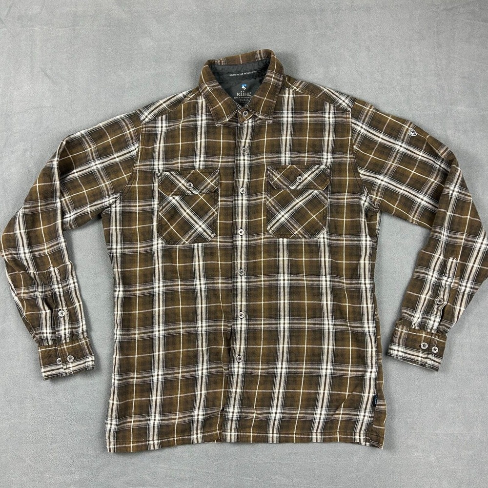 Kuhl Shirt Mens Small Brown Plaid Cotton Pockets Flannel Lightweight Button Up‎
